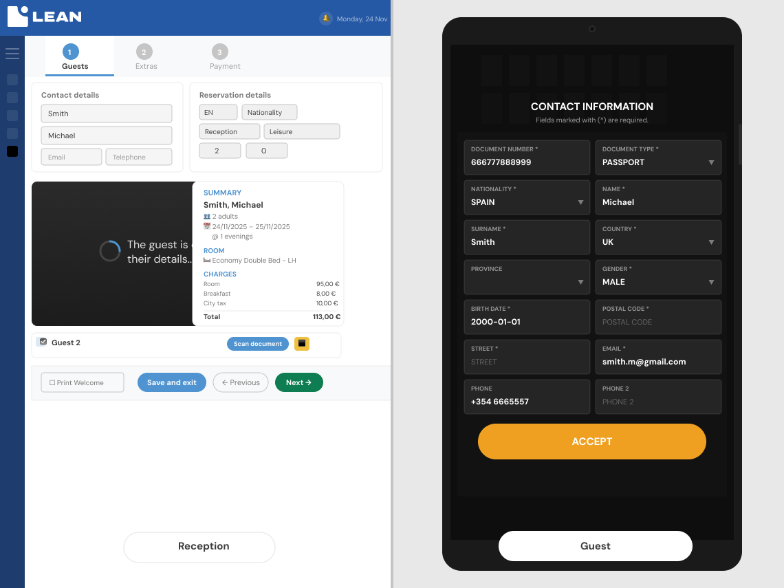 Assisted check-in from tablet in Front Desk App