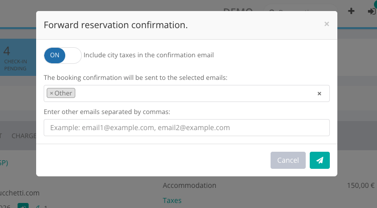 Re-sending the confirmation email of the reservation; the created template is sent.